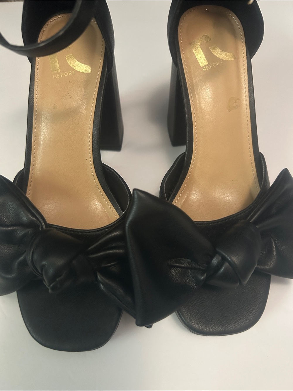 Report Black Bow Ankle-Strap Block Heels